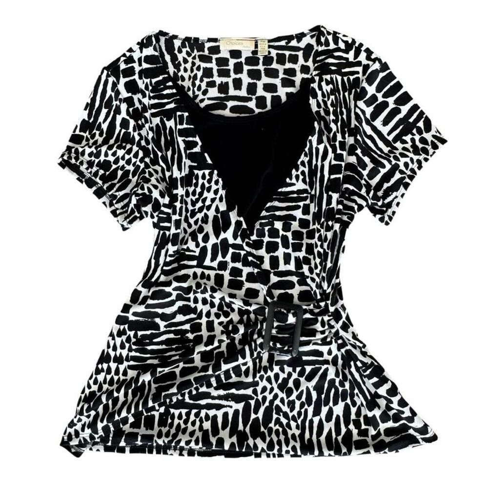 Y2K Choices Black & white abstract animal print blouse with belt buckle size pm
